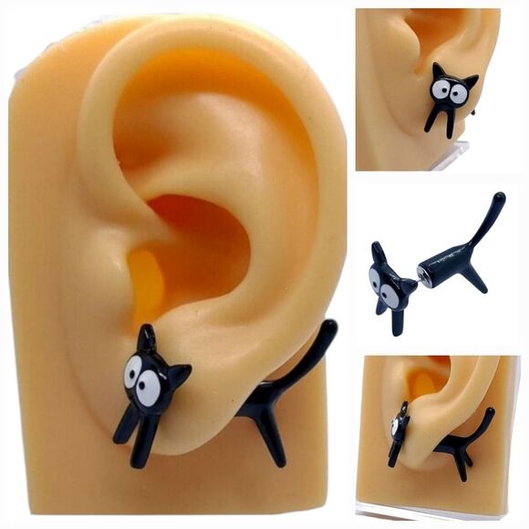 Jiji Black Cat Earrings Pierced Ear Jackets Big Eye Kitty Pet Sitter Cat Lady - Picture 1 of 6